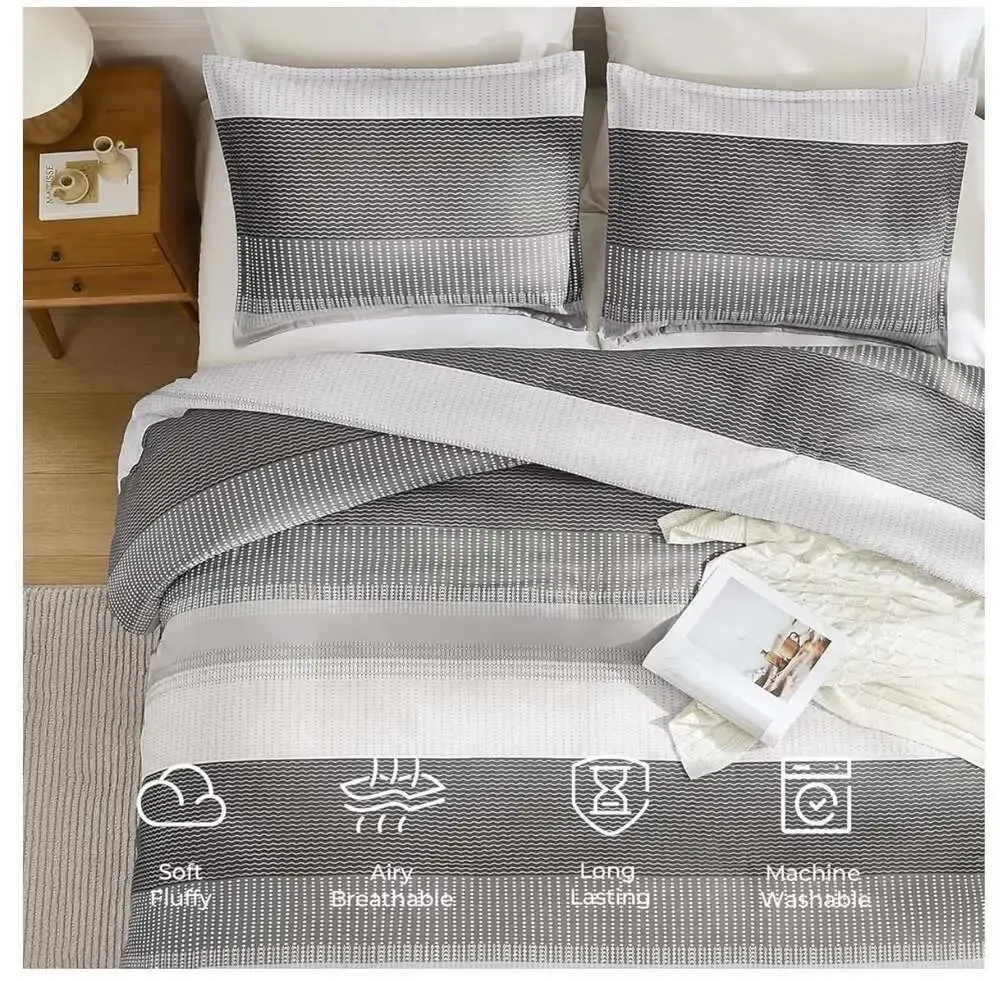 Dark Grey Striped Comforter Set - 3 Piece King Size Lightweight Bedding